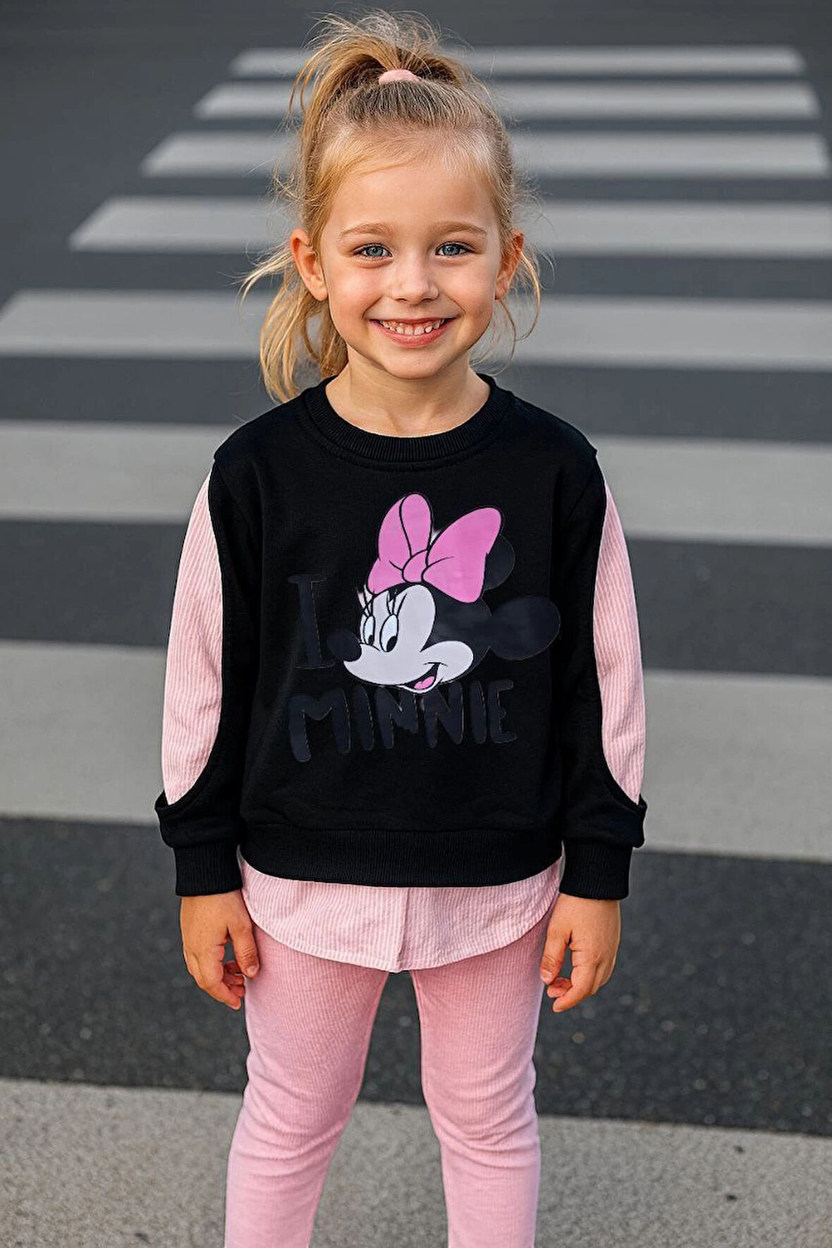 Minnie Baskılı Gömlek Detaylı İkili Taytlı Takım