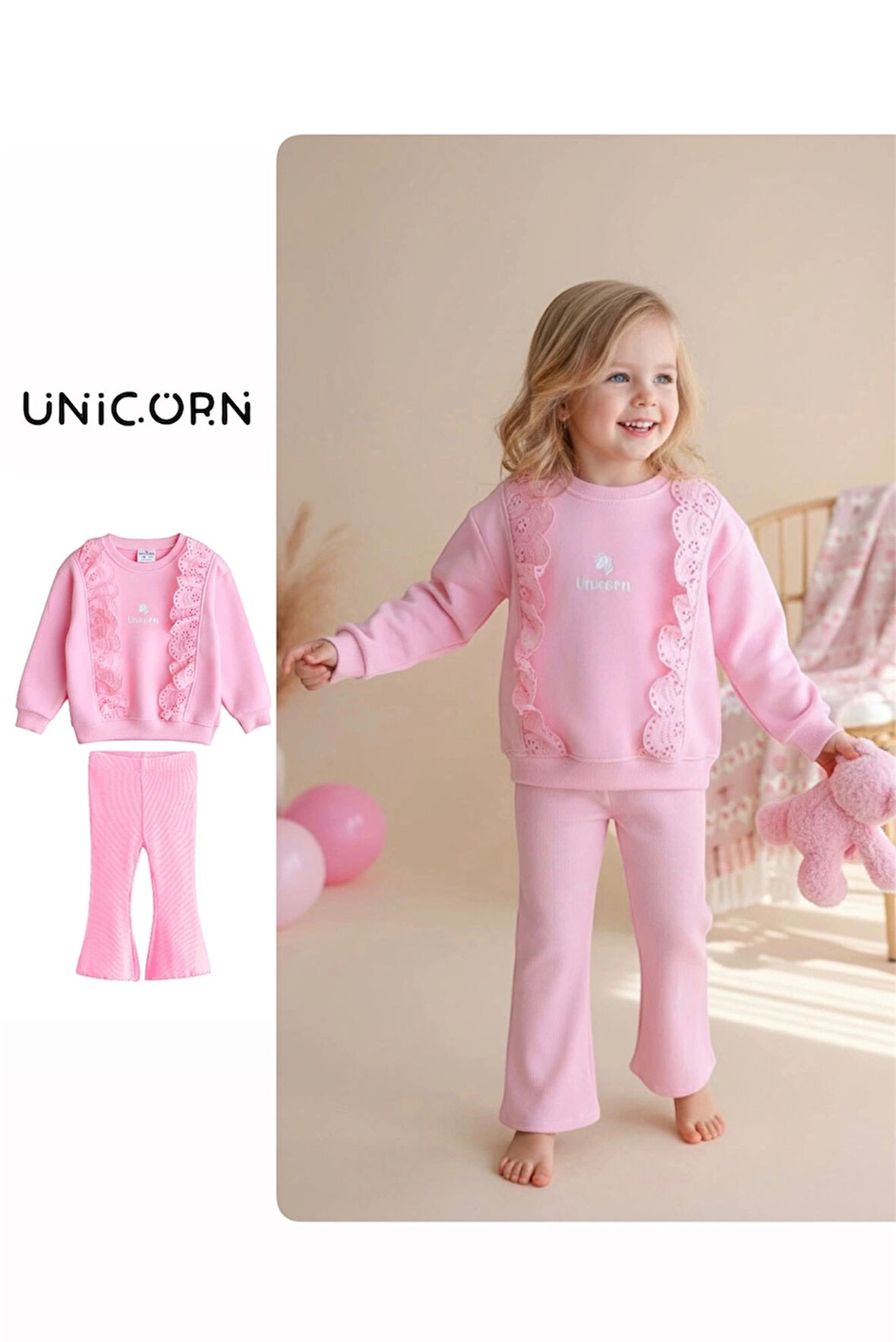 Fır Fır Detaylı Dantel İşlemeli Pembe Taytlı Takım