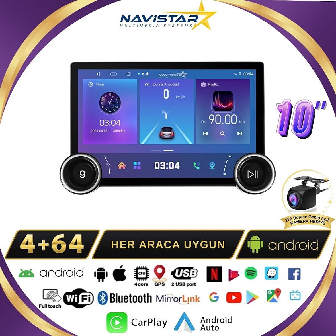 Peugeot 405 DUAL KNOB 10" 2010-2019 KNOB Model 4GB + 64GB Android 13 Kablosuz Carplay Navigasyon Mul