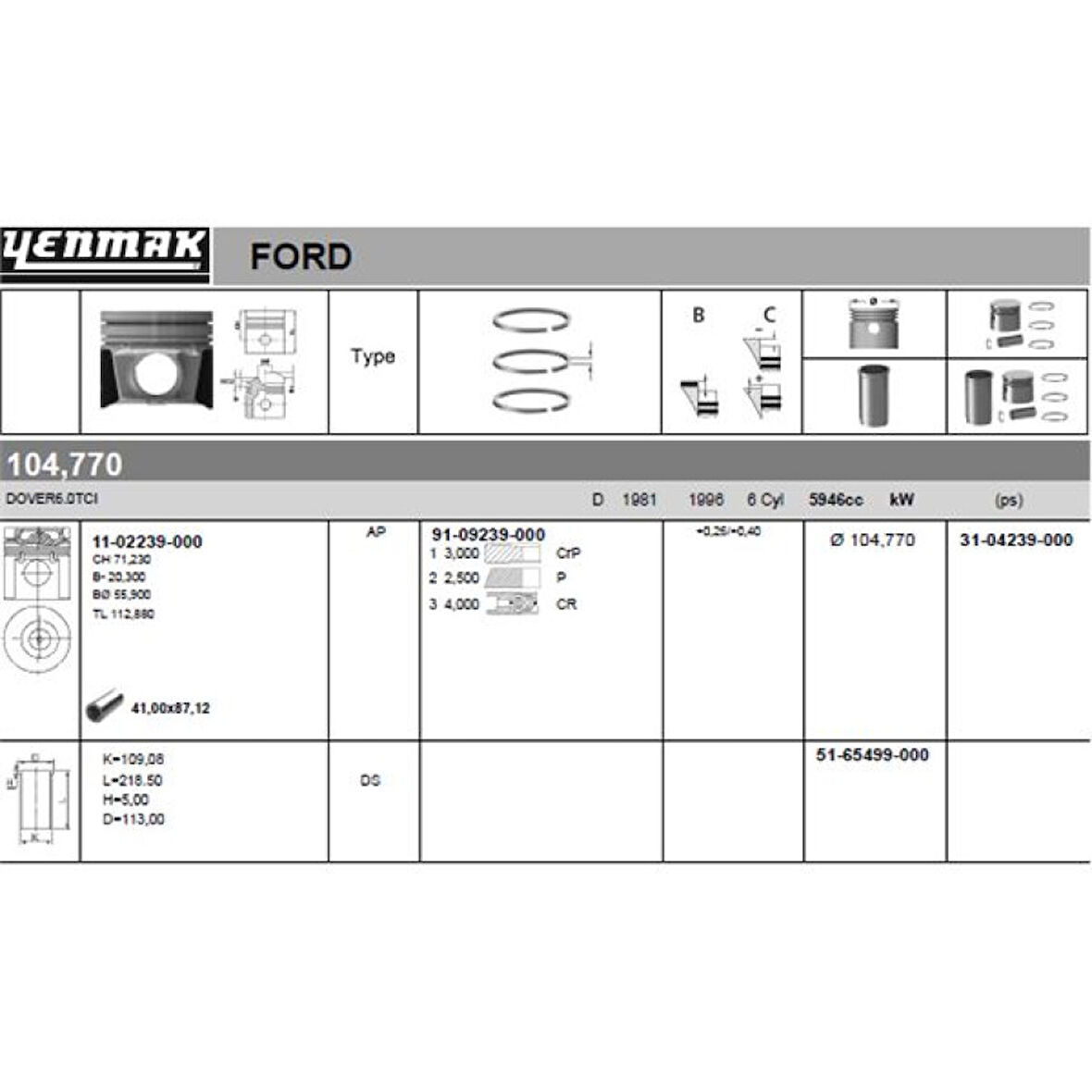 Ford Truck Piston+segman - Ford Cargo / 2621 Dover 6.0 Tci 500k (104,78 MM Std 0,50) - Yenmak 31-04239-000