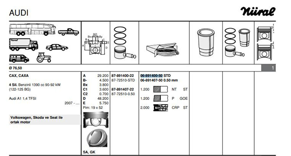 Vag Motor Segmanı Takım (1 Pistonluk) / (76,50mm Std) Golf V Octavıa Eos A3 Jetta III Passat Touran 1,6 - Goetze 68914005g