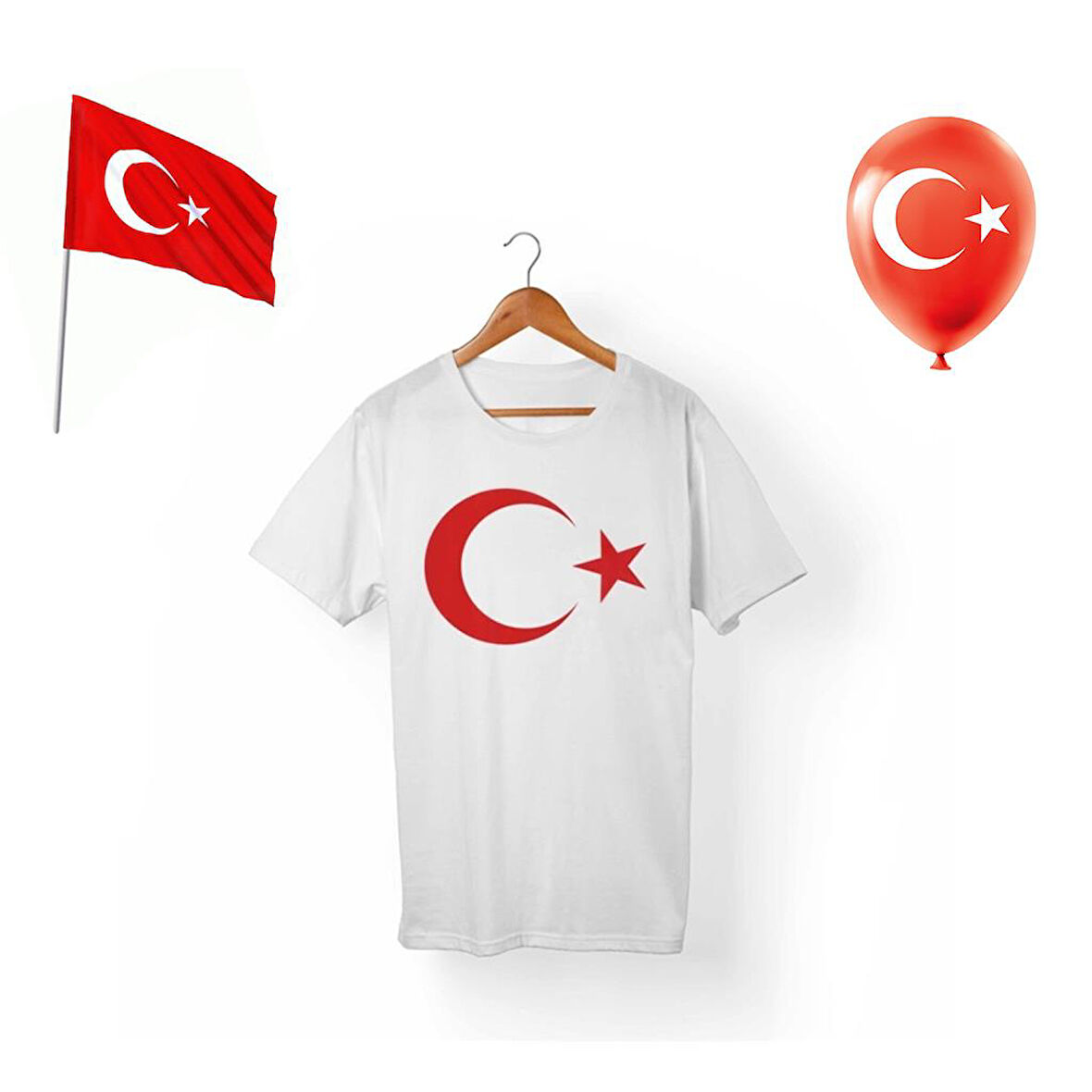 Beyaz Unisex Baskılı Ay Yıldız Tshirt + Balon + Bayrak - 29 Ekim Cumhuriyet Bayramı Tişört