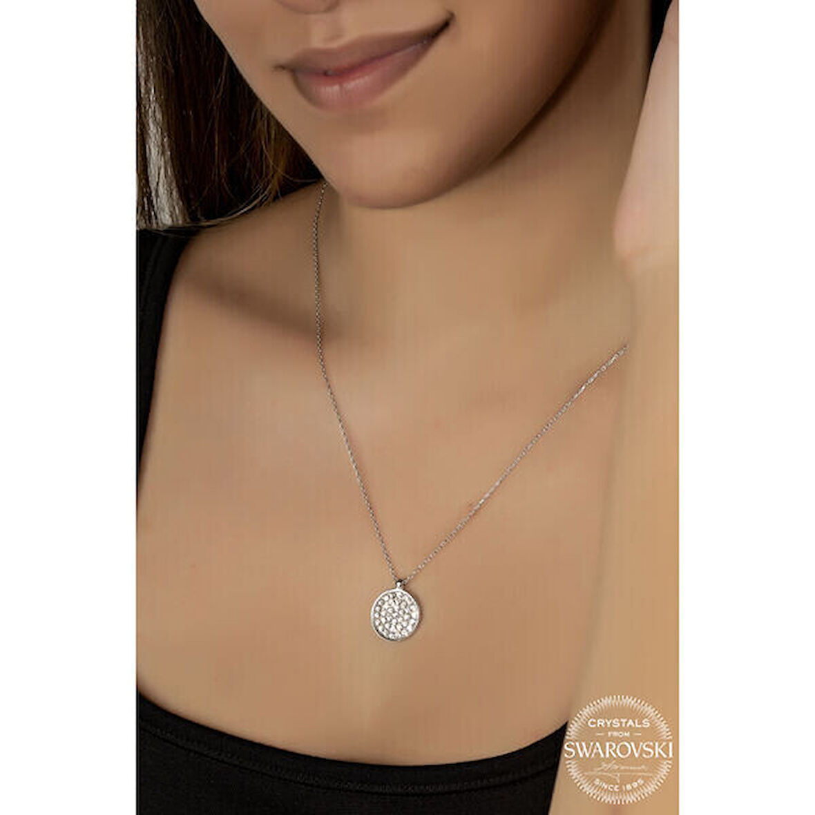 Crystal Taşlı Yuvarlak 925 Ayar Gümüş Kolye