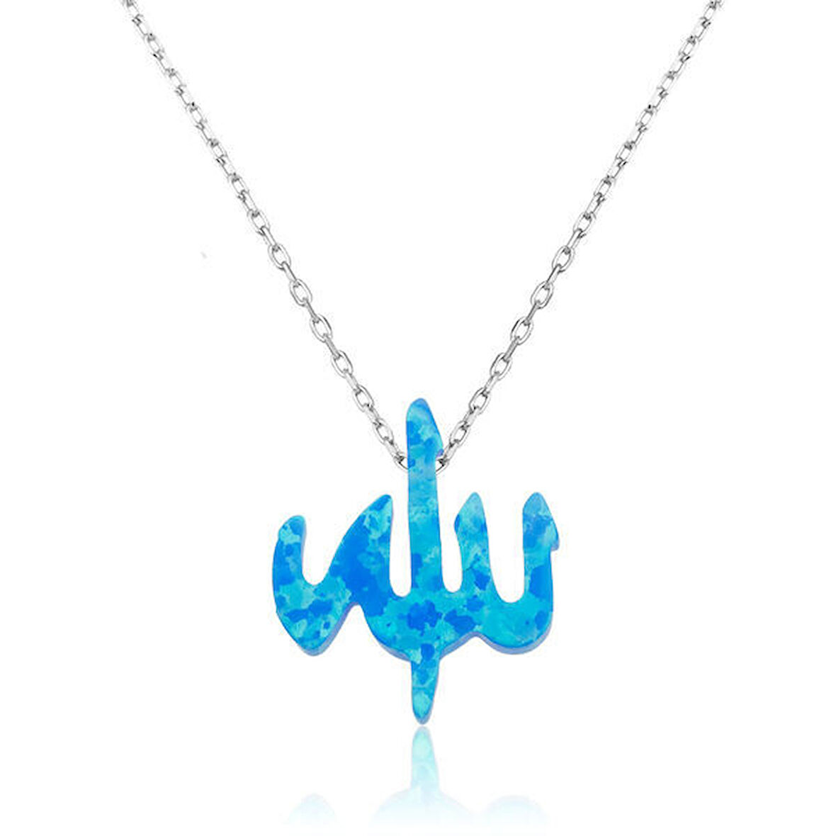 Opal Taşlı Allah Muhammet Yazılı 925 Ayar Gümüş Kolye