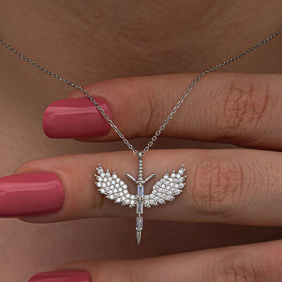 KanatlıMelek  Taşlı Mikail 925 Ayar Gümüş Kolye