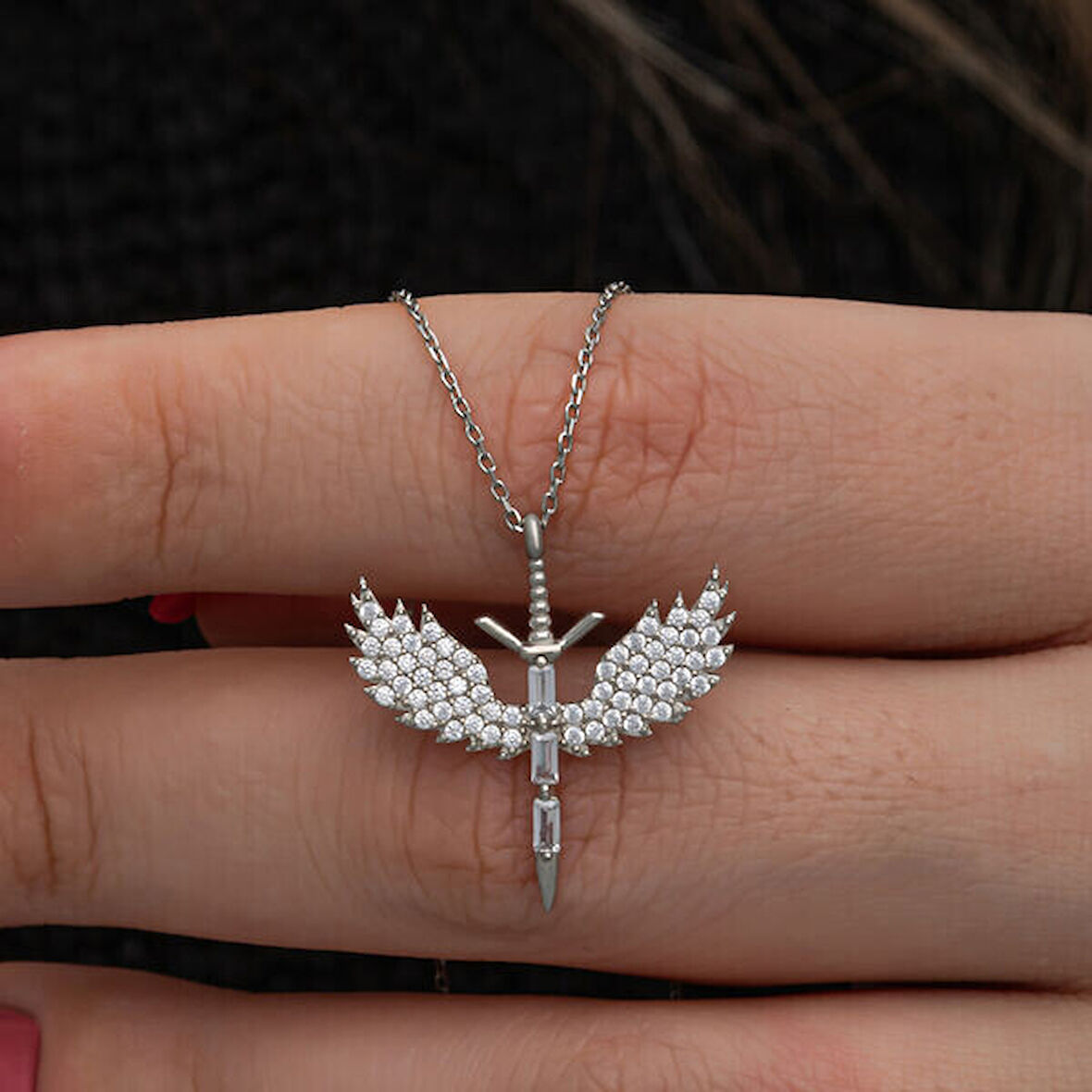 KanatlıMelek  Taşlı Mikail 925 Ayar Gümüş Kolye