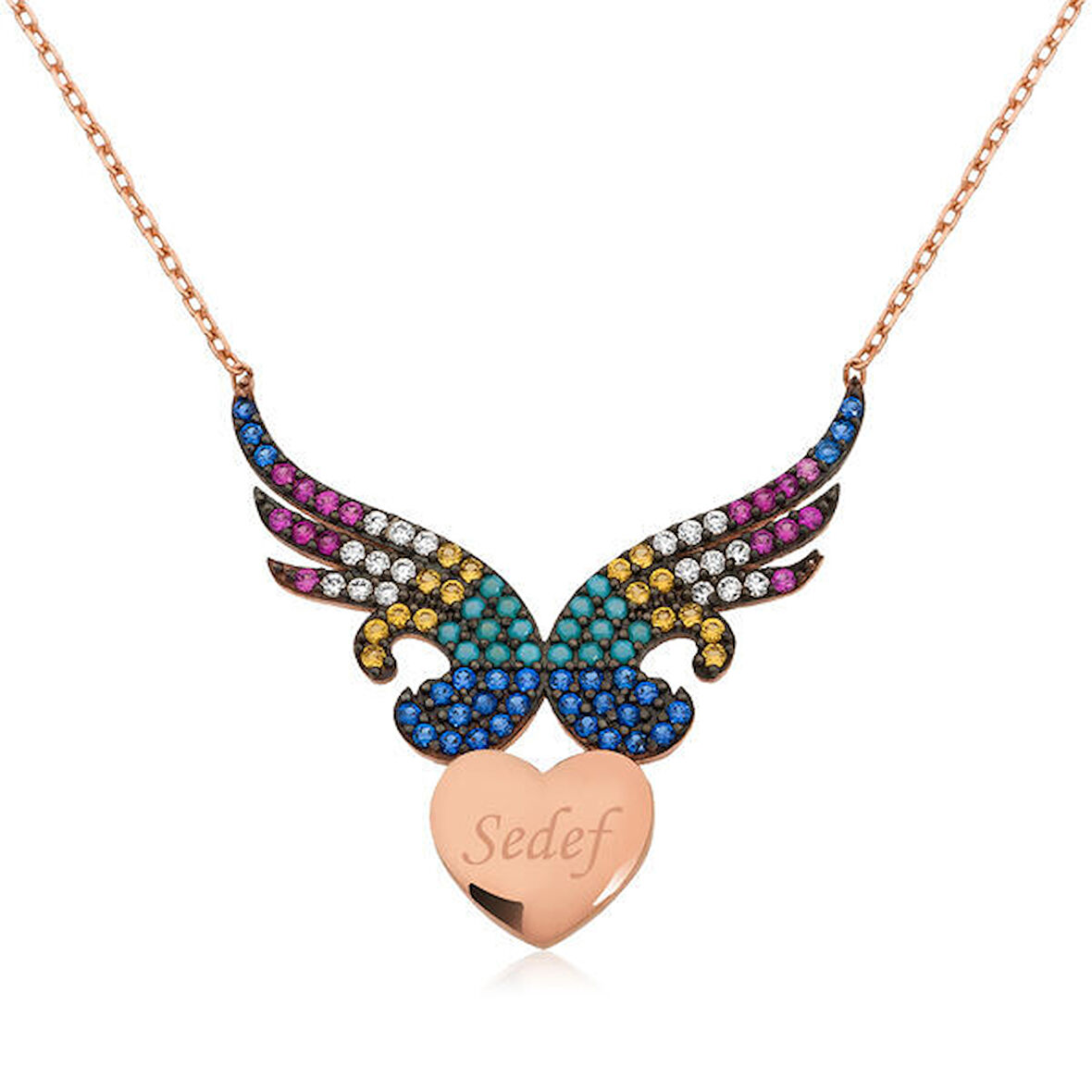 Kişiye Özel İsim Melek Kanadı Kalp  925 Ayar Gümüş Kolye