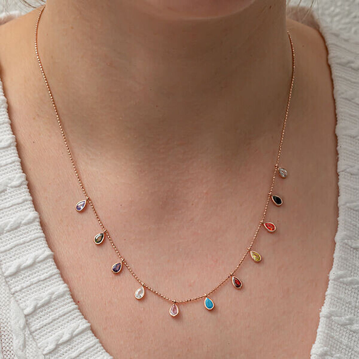 Renkli Damla Taşlı 925 Ayar Gümüş Kadın Kolye