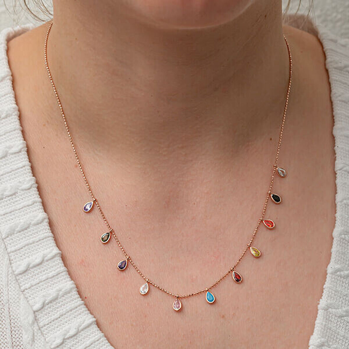 Renkli Damla Taşlı 925 Ayar Gümüş Kadın Kolye