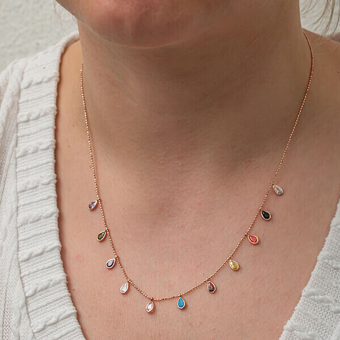 Renkli Damla Taşlı 925 Ayar Gümüş Kadın Kolye