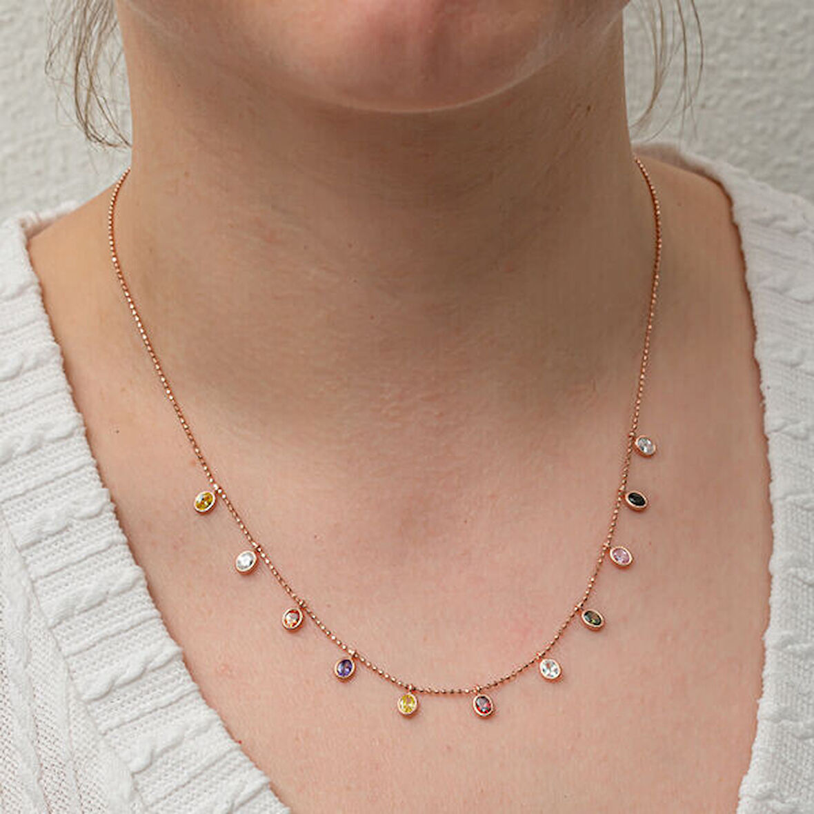 Renkli Oval Taşlı Şans Çiçek 925 Ayar Gümüş Kadın Kolye