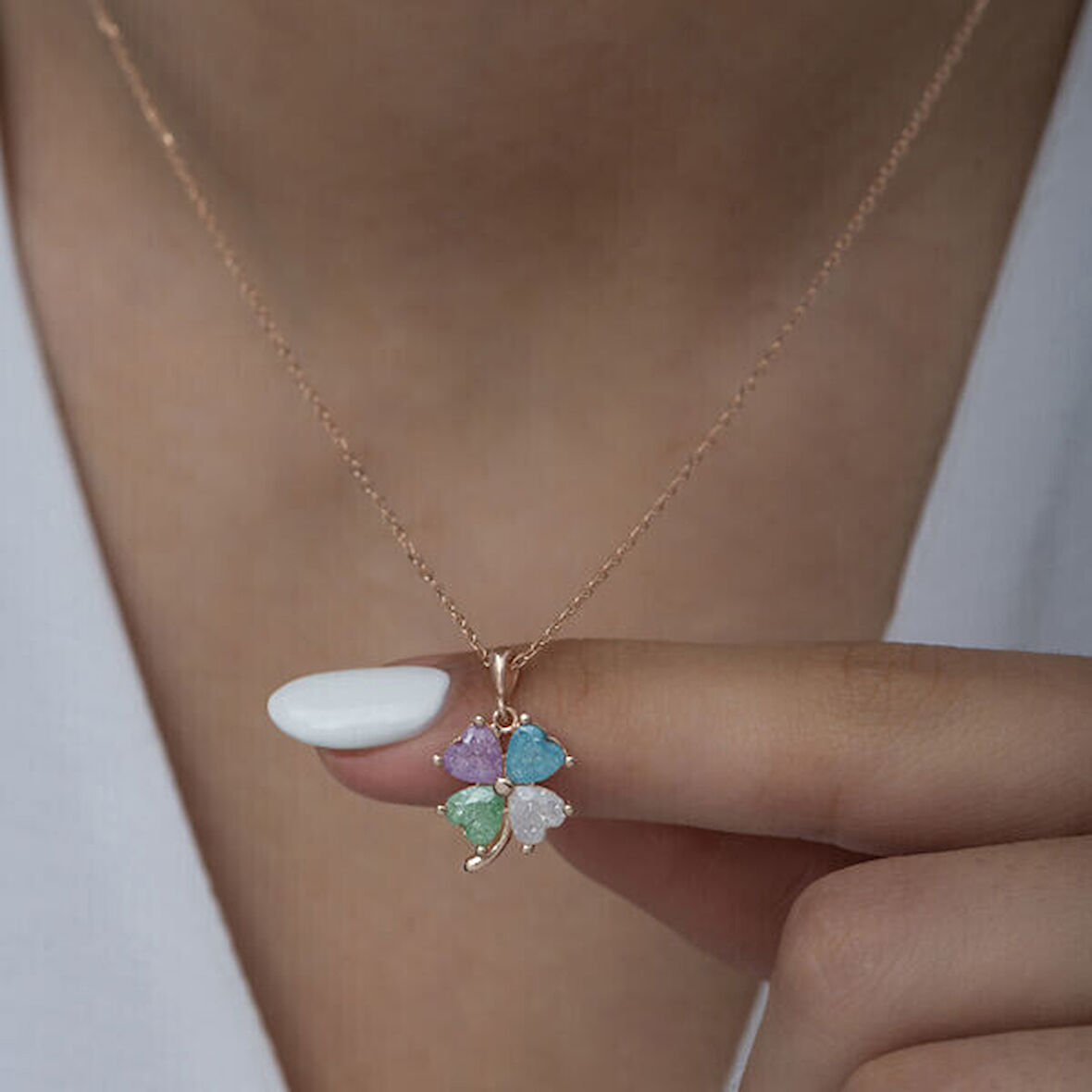 Rose Renkli Kalpli Yonca 925 Ayar Gümüş Kadın Kolye