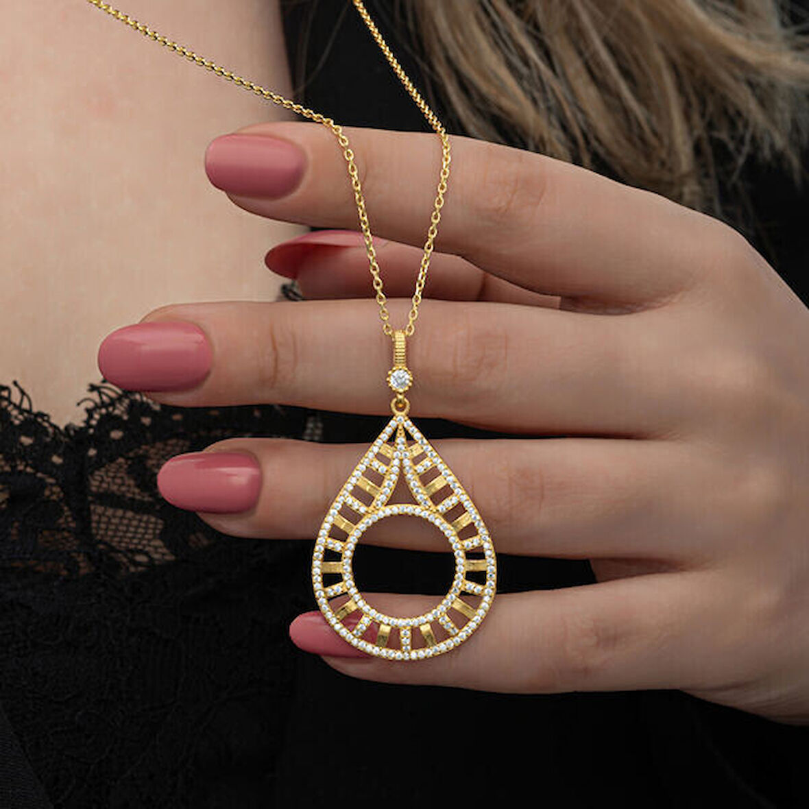 Gold Çeyrek Altın TakılabilenZirkon Taşlı 925 Ayar Gümüş Kadın Kolye