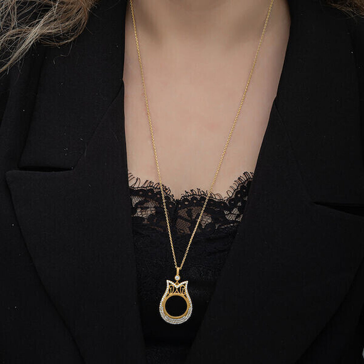 Gold Çeyrek Altın TakılabilenZirkon Taşlı 925 Ayar Gümüş Kadın Kolye