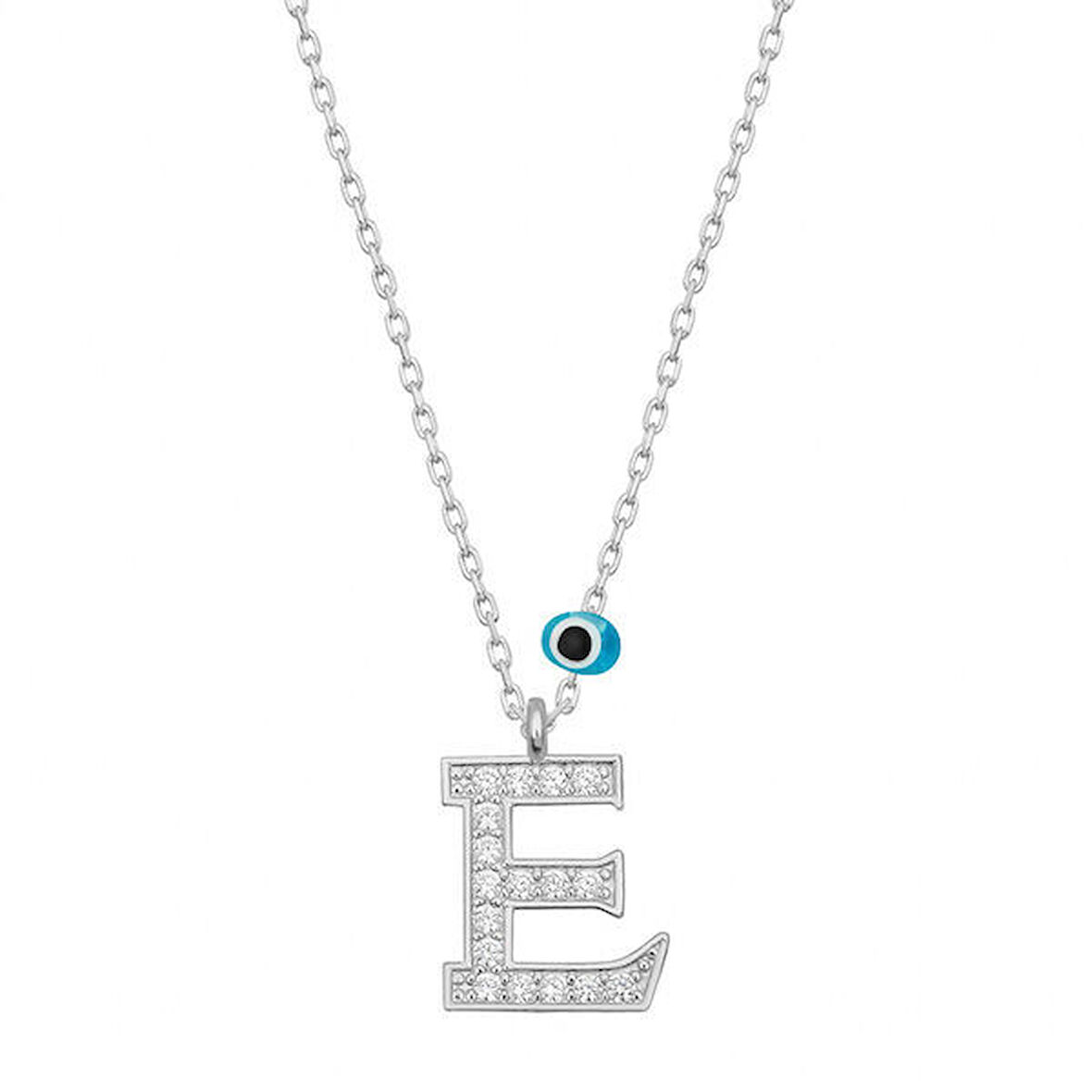 E Harfi Nazarlı 925 Ayar Gümüş Kadın Kolye