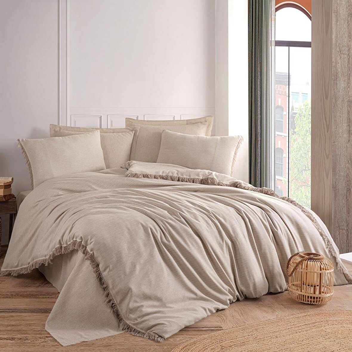 PRİVATE ÇİFT KİŞİLİK NEVRESİM TAKIMI İPLİĞİ BOYALI BEJ