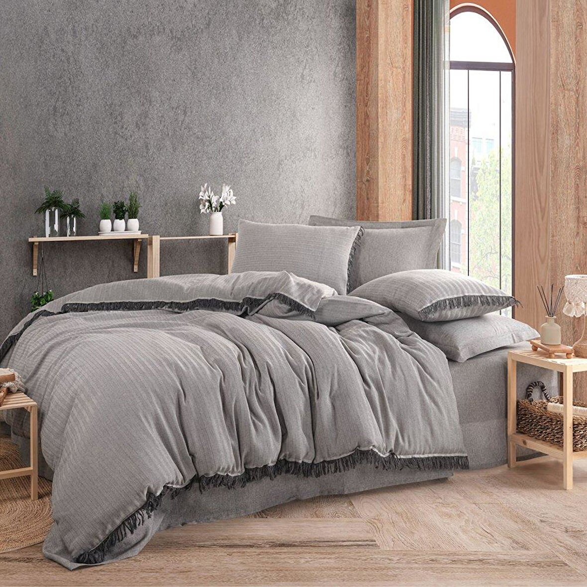 PRİVATE ÇİFT KİŞİLİK NEVRESİM TAKIMI İPLİĞİ BOYALI GRİ