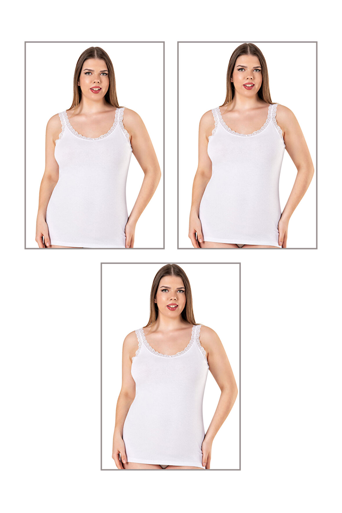 Özkan 26802 3'lü Paket Kadın Pamuklu Yakası Dantel Detaylı Kalın Askılı Esnek Rahat Büyük Beden Atlet