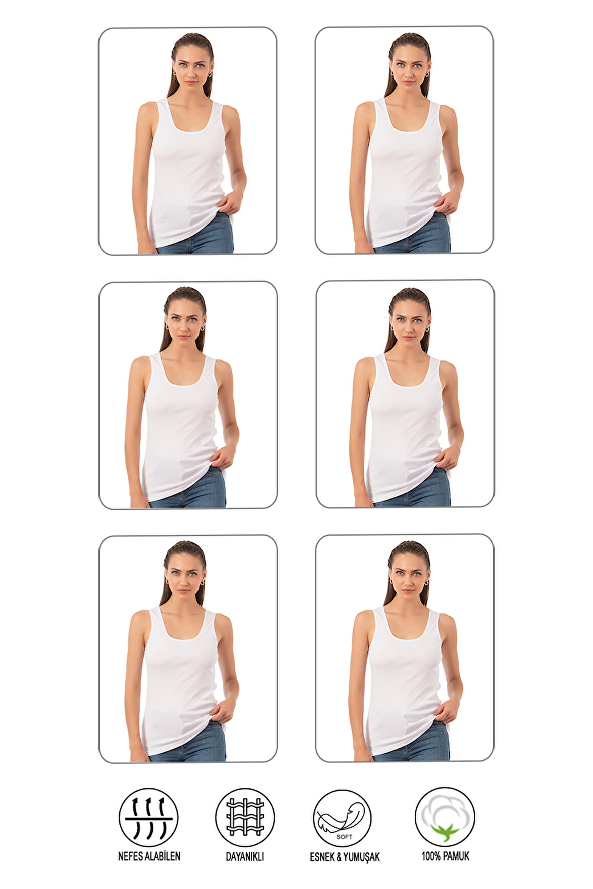 Özkan 0111 6'lı Paket Kadın %100 Pamuklu Ribana Esnek Rahat Biyeli Kalın Askılı Örme Atlet