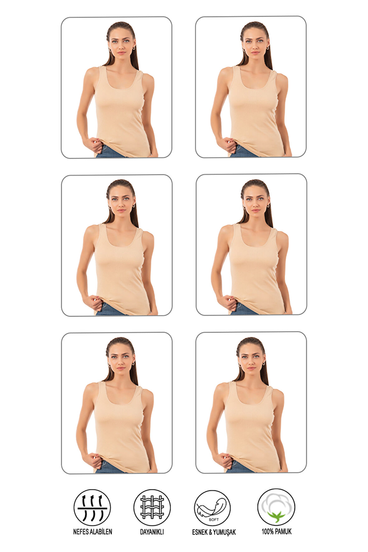 Özkan 0111 6'lı Paket Kadın %100 Pamuklu Ribana Esnek Rahat Biyeli Kalın Askılı Örme Atlet