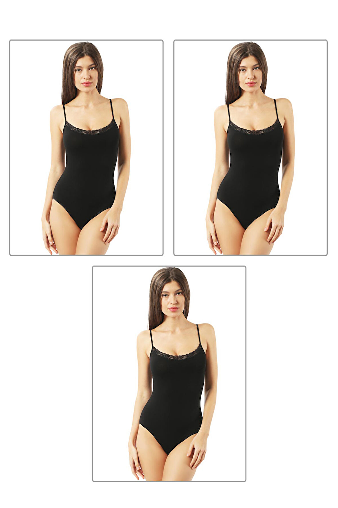 Özkan 0568 3'lü Paket Kadın Pamuklu Esnek Rahat Dantel Detaylı İp Askılı Çıtçıtlı Body Zıbın