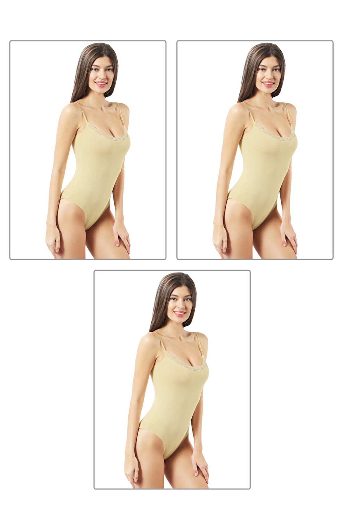 Özkan 0568 3'lü Paket Kadın Pamuklu Esnek Rahat Dantel Detaylı İp Askılı Çıtçıtlı Body Zıbın