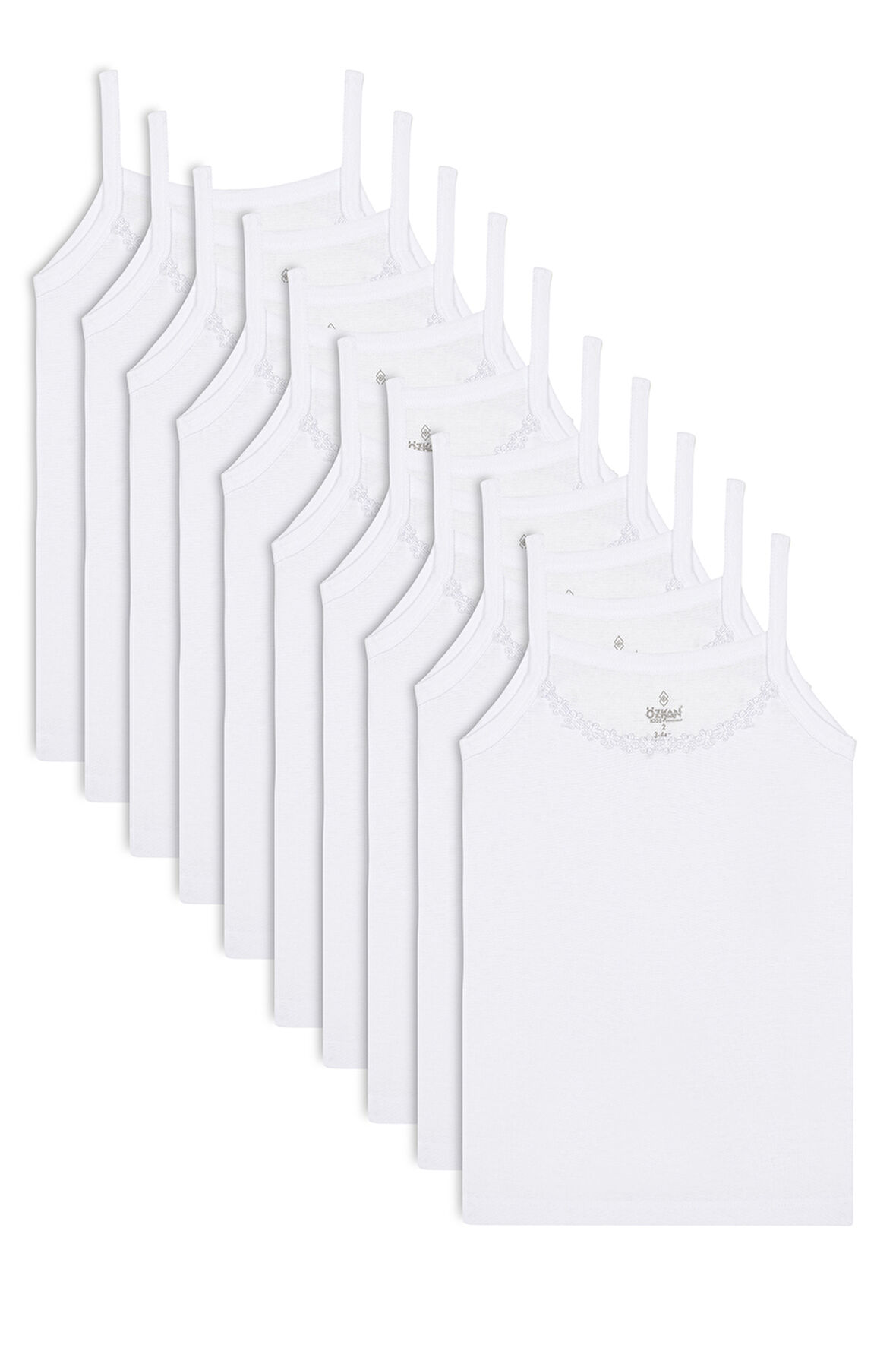 Özkan 0805 10'lu Paket Kız Çocuk %100 Pamuklu Ribana Esnek Rahat Yakası Brode Papatya Detaylı İp Askılı Atlet