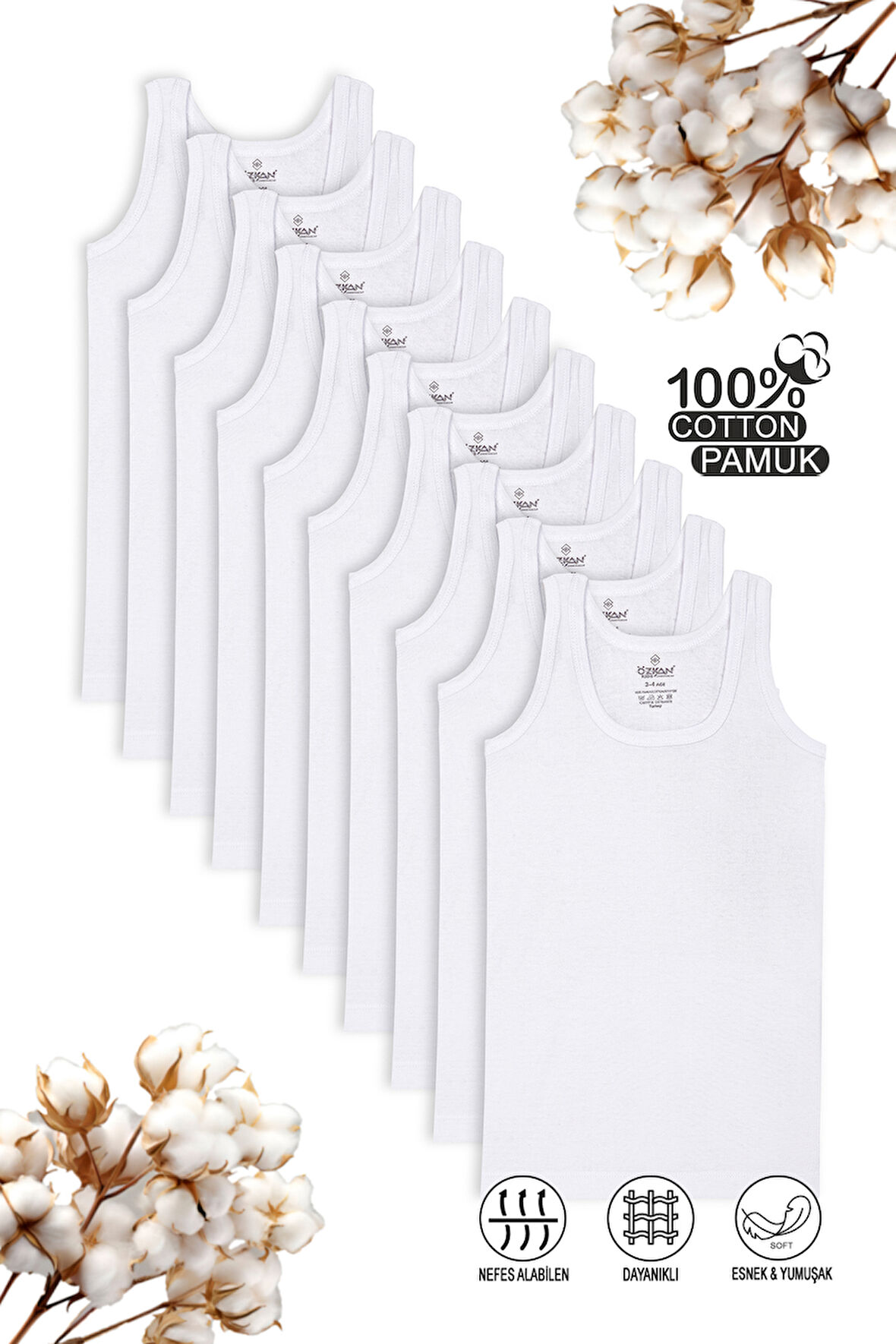 Özkan 0801 10'lu Paket Erkek Çocuk %100 Pamuklu Ribana Kumaş Esnek Rahat Atlet