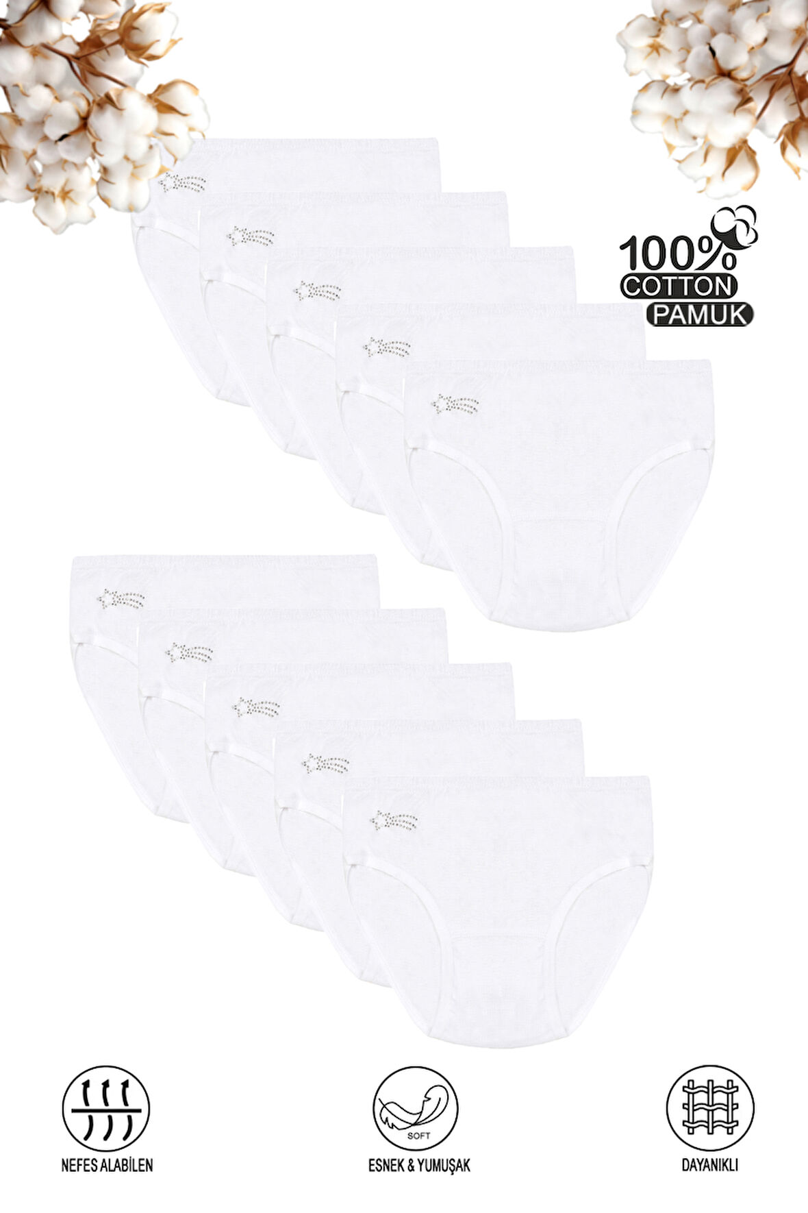 Özkan 0840 10'lu Paket Kız Çocuk %100 Pamuklu Ribana Esnek Rahat Taş Detaylı Slip Külot