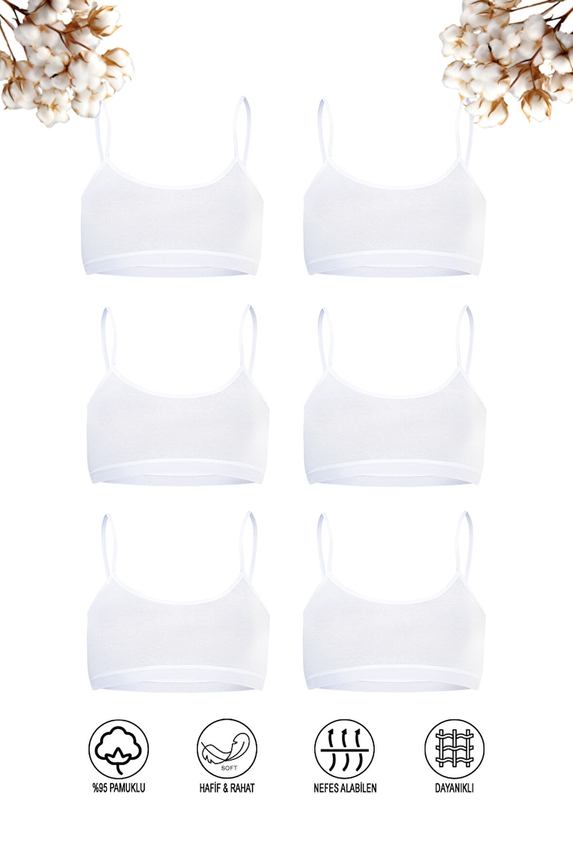 Özkan 42324 6'lı Paket Kız Çocuk Pamuklu Süprem Esnek Rahat Pedsiz İnce Askılı Alıştırma Sütyeni Yarım Atlet Büstiyer