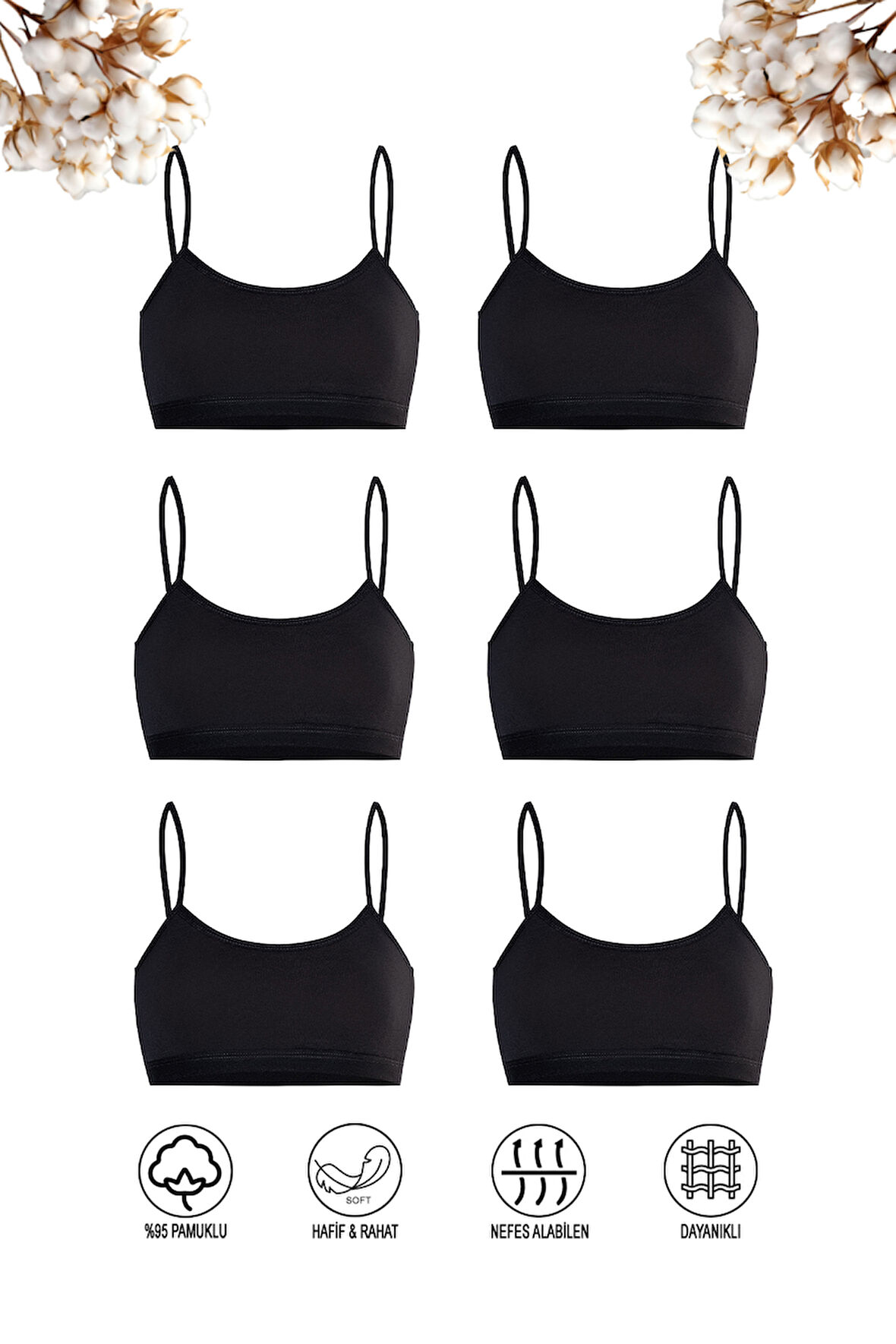 Özkan 42324 6'lı Paket Kız Çocuk Pamuklu Süprem Esnek Rahat Pedsiz İnce Askılı Alıştırma Sütyeni Yarım Atlet Büstiyer