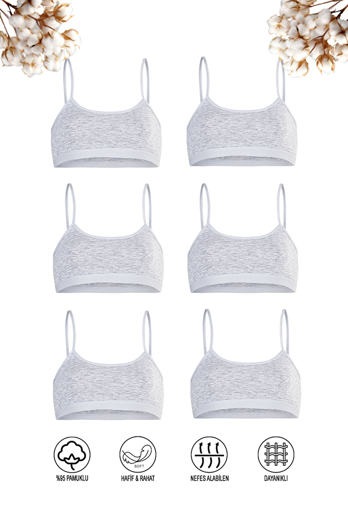 Özkan 42324 6'lı Paket Kız Çocuk Pamuklu Süprem Esnek Rahat Pedsiz İnce Askılı Alıştırma Sütyeni Yarım Atlet Büstiyer