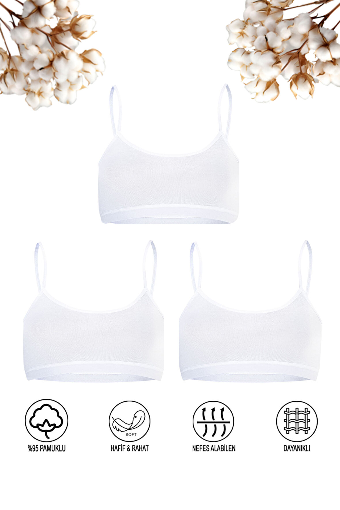 Özkan 42324 3'lü Paket Kız Çocuk Pamuklu Süprem Esnek Rahat Pedsiz İnce Askılı Alıştırma Sütyeni Yarım Atlet Büstiyer