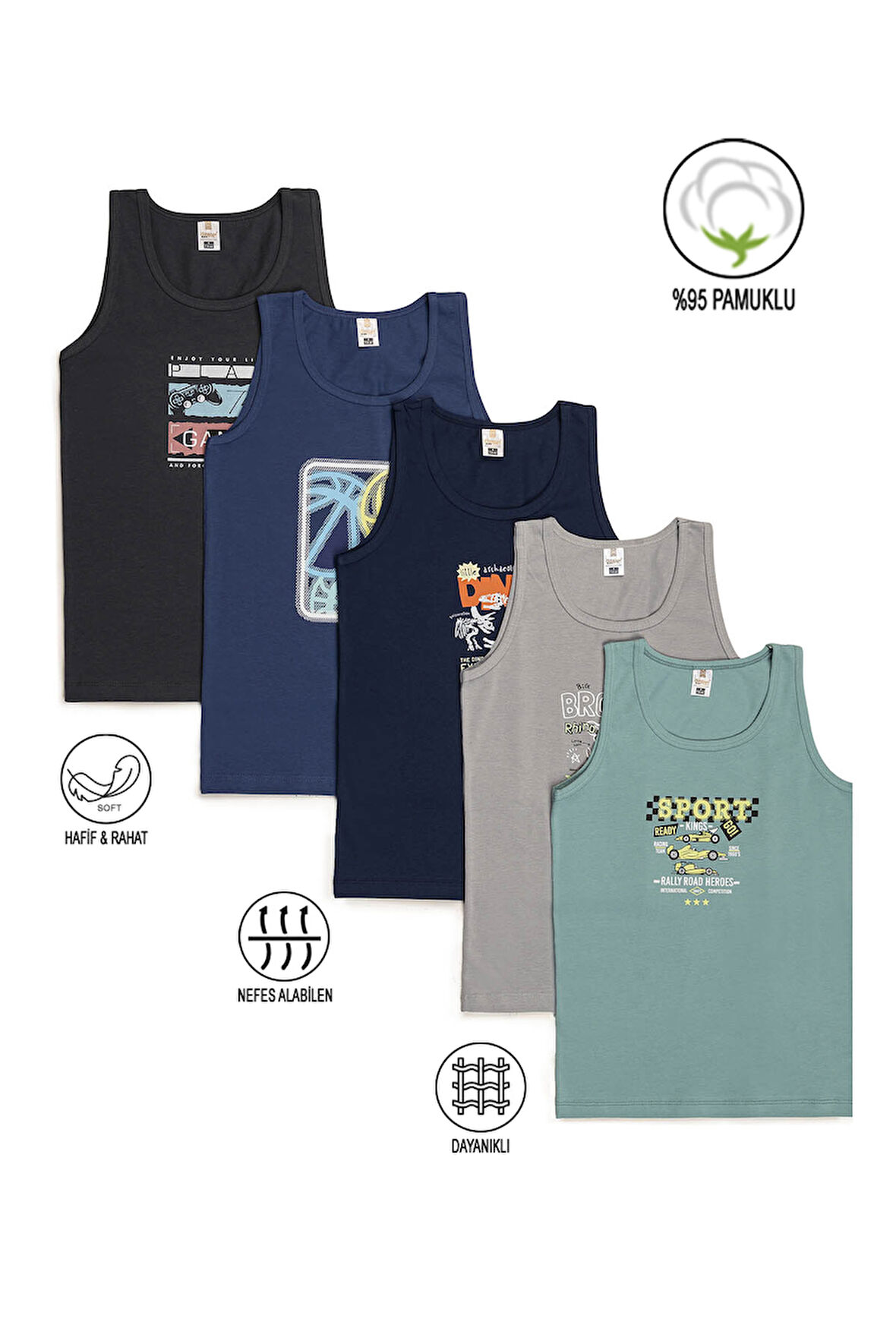 Özkan 31800 5'li Paket Erkek Çocuk Karışık Renkli Desenli Pamuklu Yumuşak Rahat Kalın Askılı Atlet