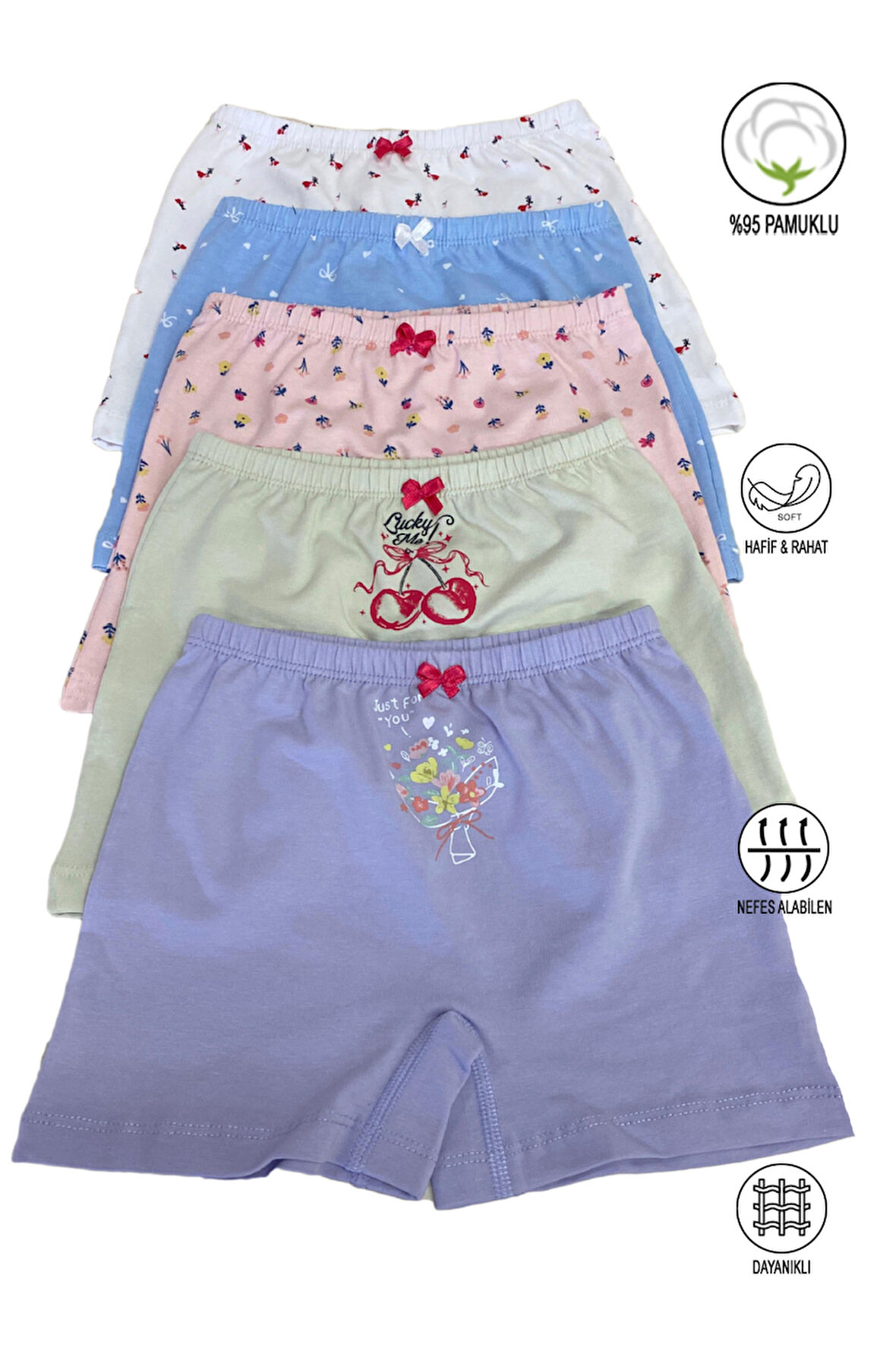 Özkan 41602 5'li Paket Kız Çocuk Karışık Renkli Desenli Pamuklu Yumuşak Rahat Şort Boxer