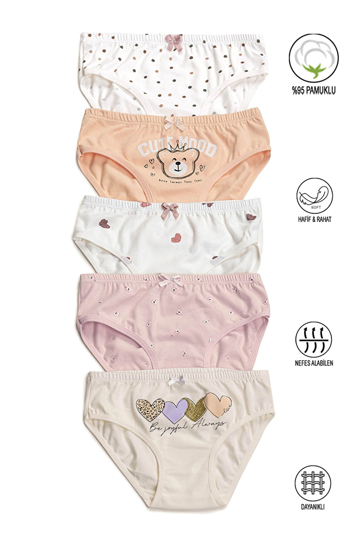 Özkan 41603 5'li Paket Kız Çocuk Karışık Renkli Desenli Pamuklu Yumuşak Slip Külot