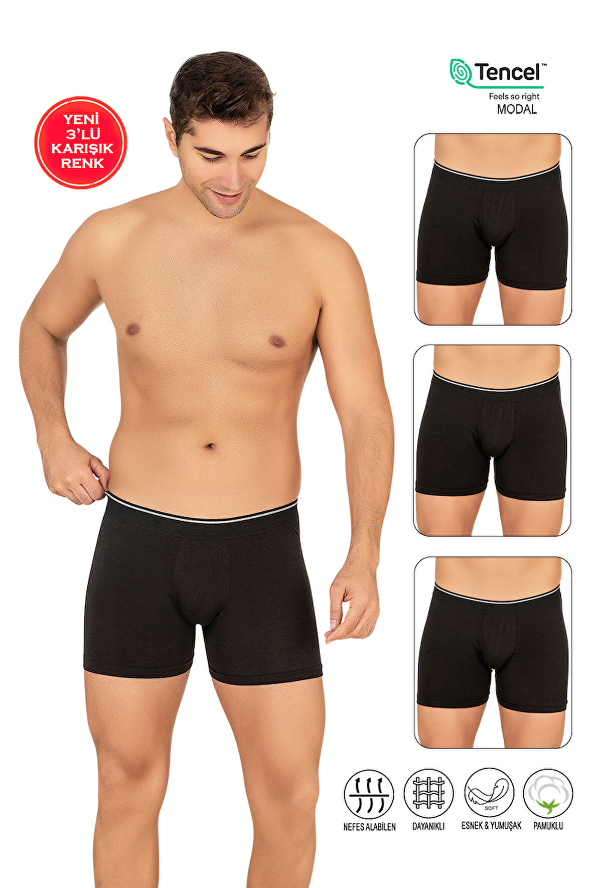 Özkan 11256 3'lü Paket Erkek Premium Kumaş Modal Pamuklu Esnek Yumuşak Boxer Şort