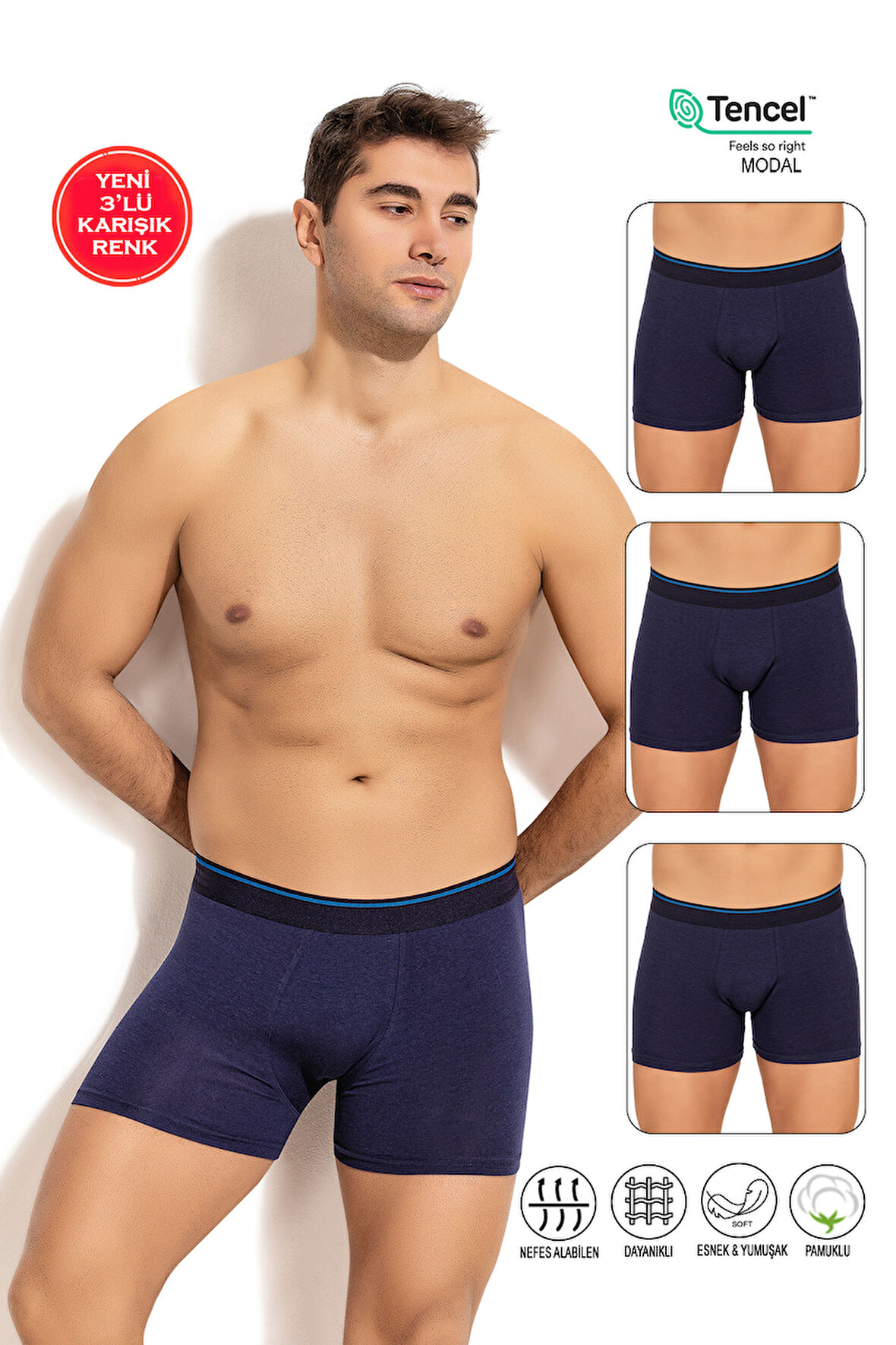 Özkan 11256 3'lü Paket Erkek Premium Kumaş Modal Pamuklu Esnek Yumuşak Boxer Şort