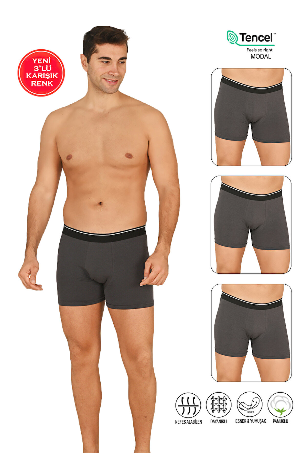 Özkan 11256 3'lü Paket Erkek Premium Kumaş Modal Pamuklu Esnek Yumuşak Boxer Şort