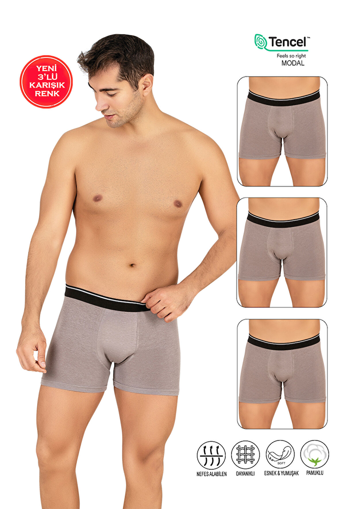 Özkan 11256 3'lü Paket Erkek Premium Kumaş Modal Pamuklu Esnek Yumuşak Boxer Şort