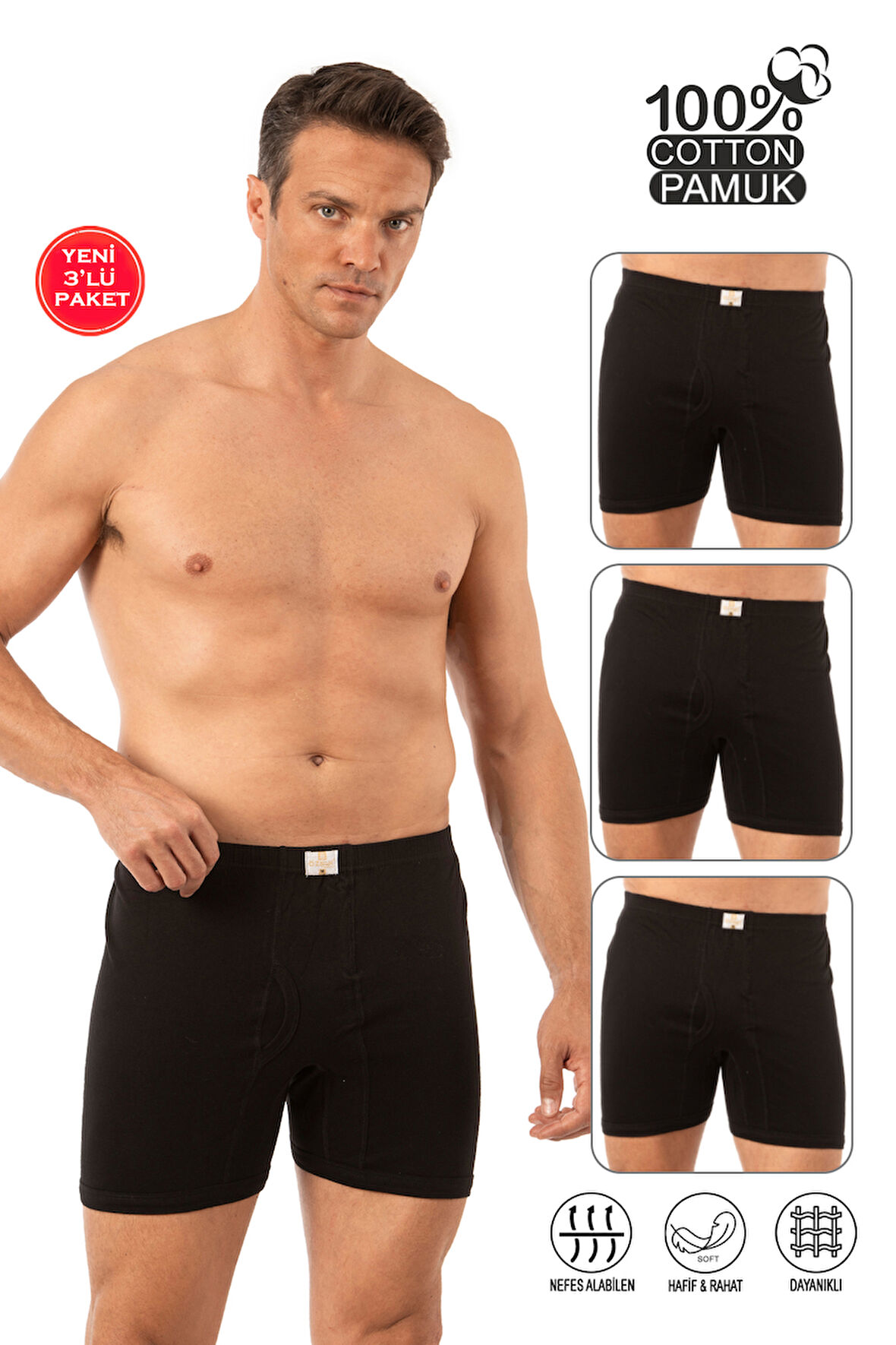 Özkan 0043 3'lü Paket Erkek %100 Pamuklu Penye Süprem Kumaş Esnek Rahat Paçalı Don Boxer Külot