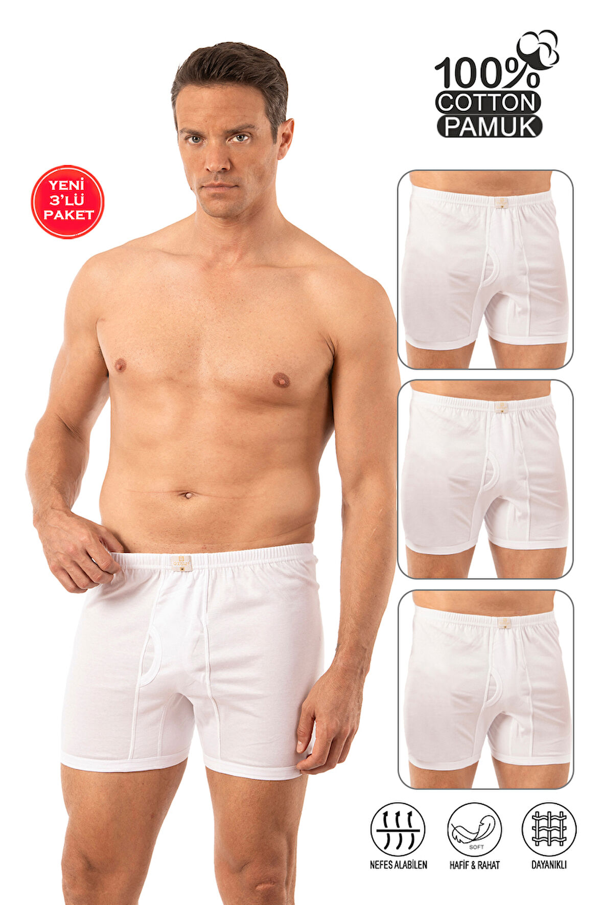 Özkan 0043 3'lü Paket Erkek %100 Pamuklu Penye Süprem Kumaş Esnek Rahat Paçalı Don Boxer Külot