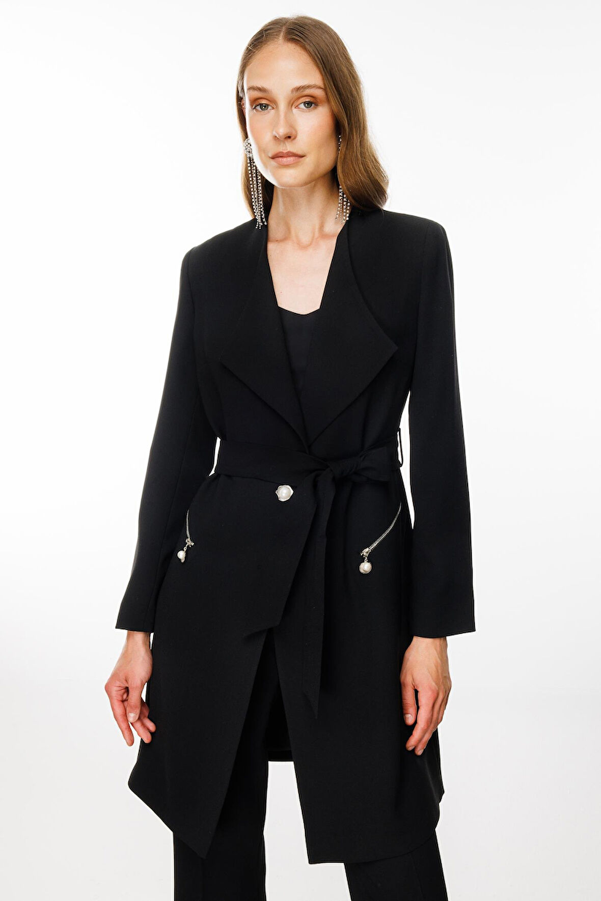 7561 MODAİLGİ ŞAL YAKA BELDEN KUŞAKLI UZUN CEKET