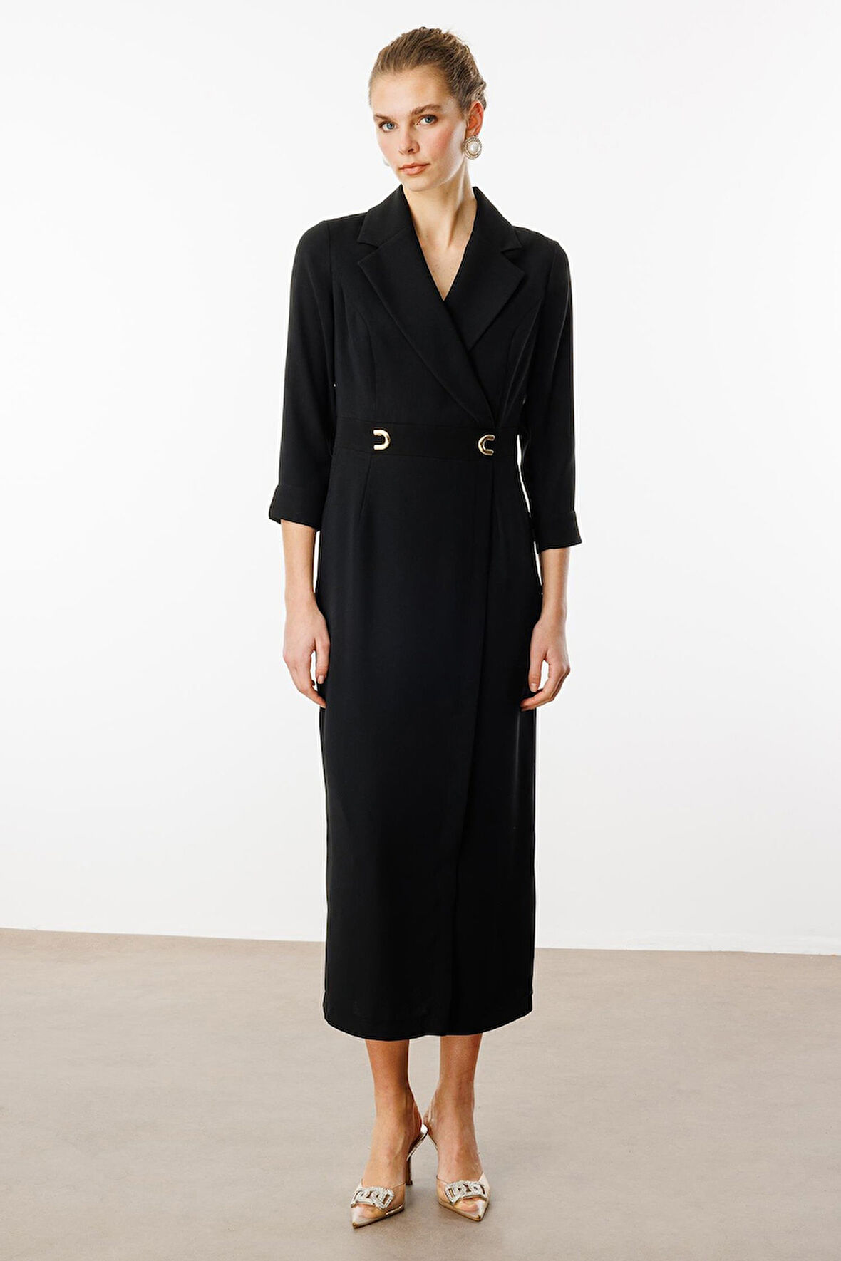 Moda İlgi Kadın Beli Aksesuarlı Cepli Kruvaze Elbise 6626 Siyah