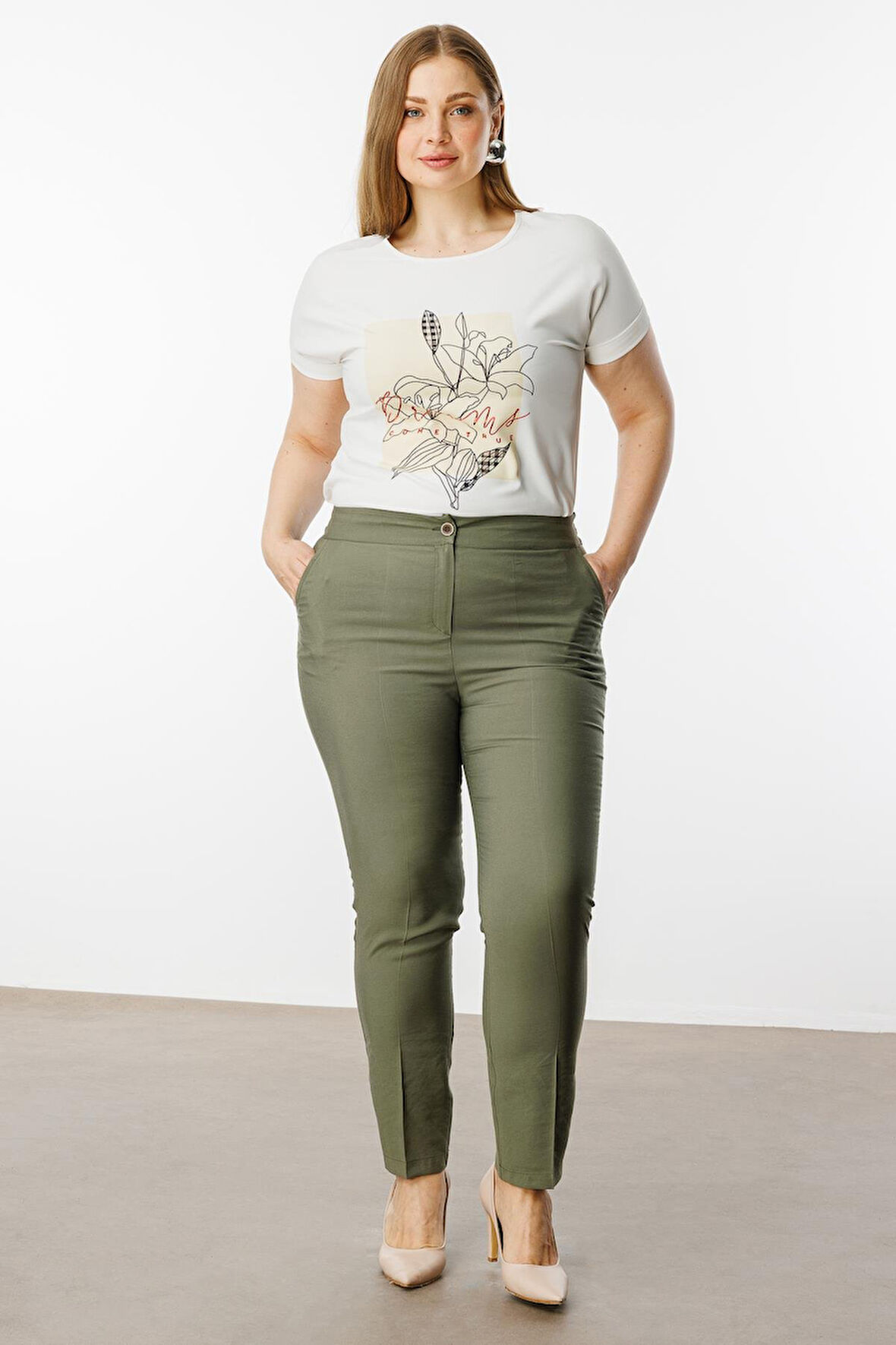 Moda İlgi Kadın Büyük Beden Arka Beli Lastikli Pantolon 30023 Haki