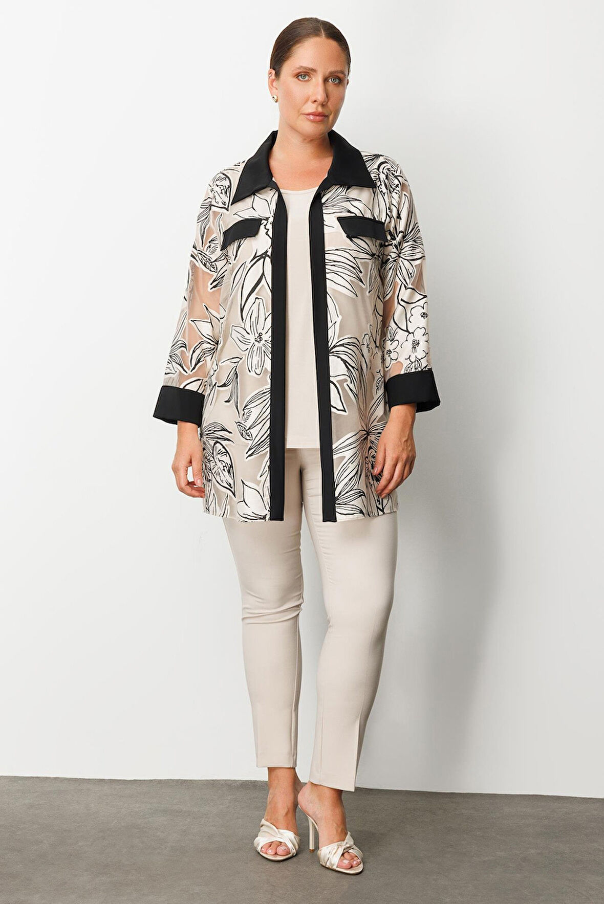 Moda İlgi Kadın Büyük Beden Çiçek Organzeli Uzun Kollu İkili Takım 0264 Siyah