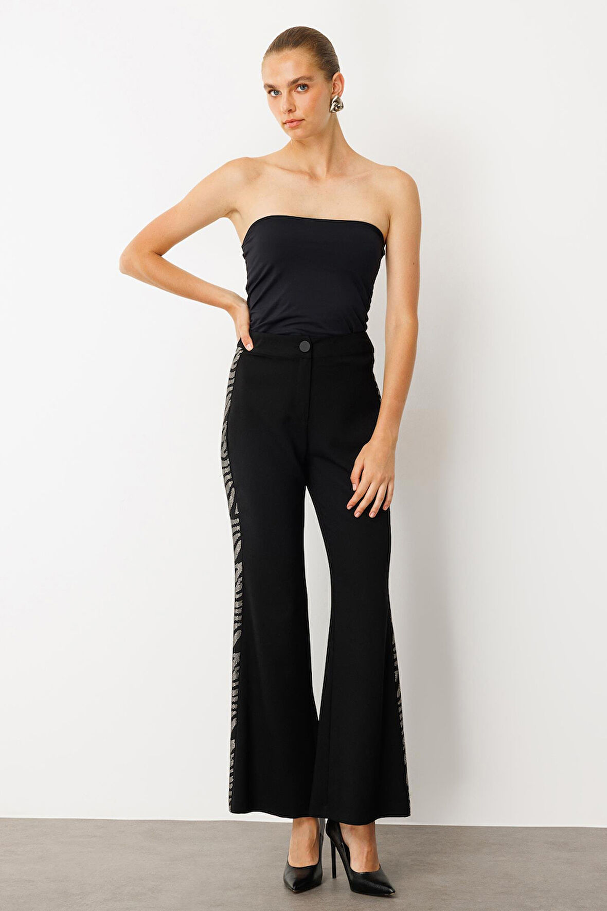 Moda İlgi Kadın Taş Şeritli Bol Paça Pantolon 0065 Siyah