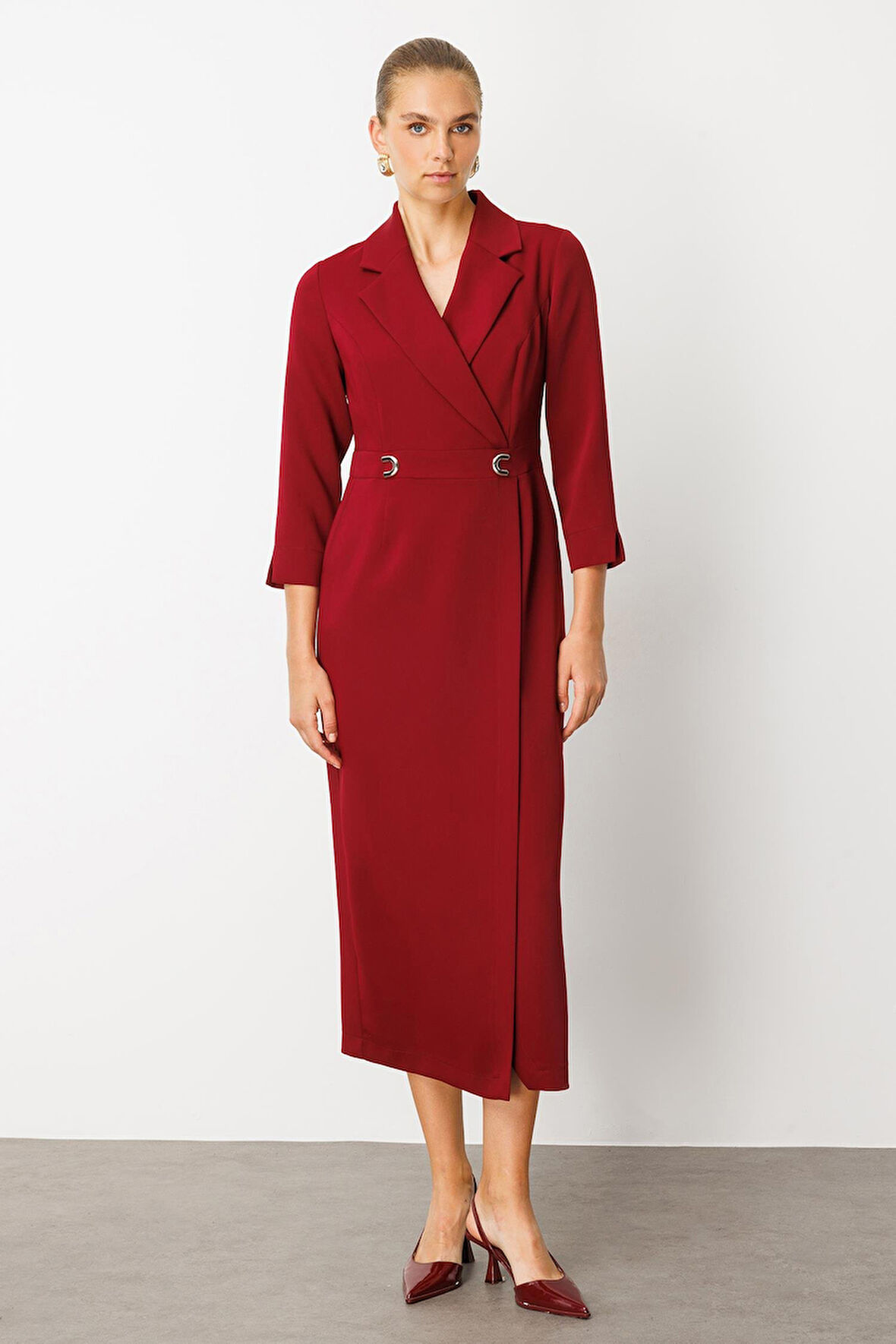 Moda İlgi Kadın Beli Aksesuarlı Cepli Kruvaze Elbise 6626 Bordo