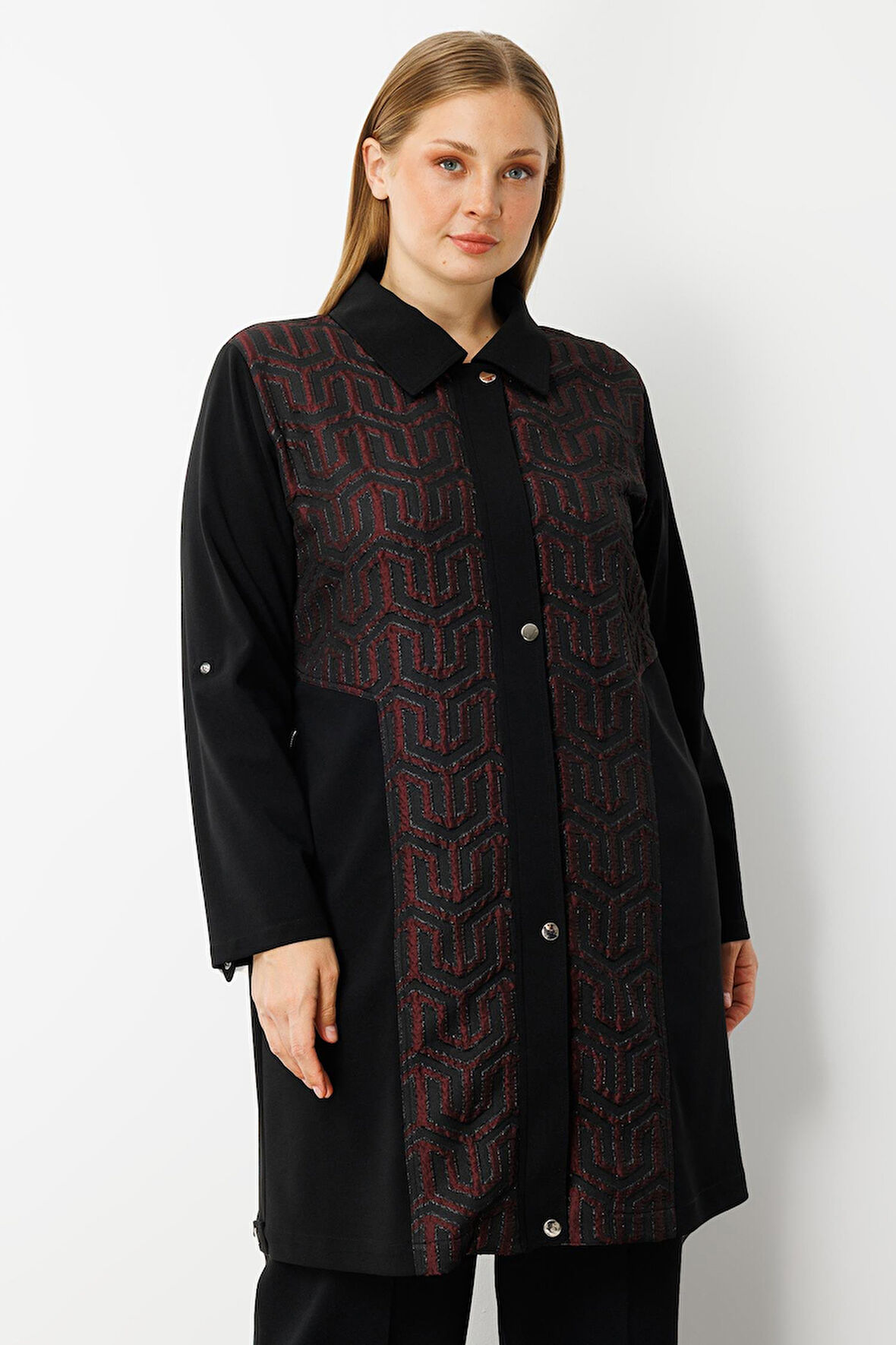 Moda İlgi Kadın Büyük Beden Ön Kapama Çıtçıtlı Fermuarlı Gofre Kumaş Tunik 0017 Bordo
