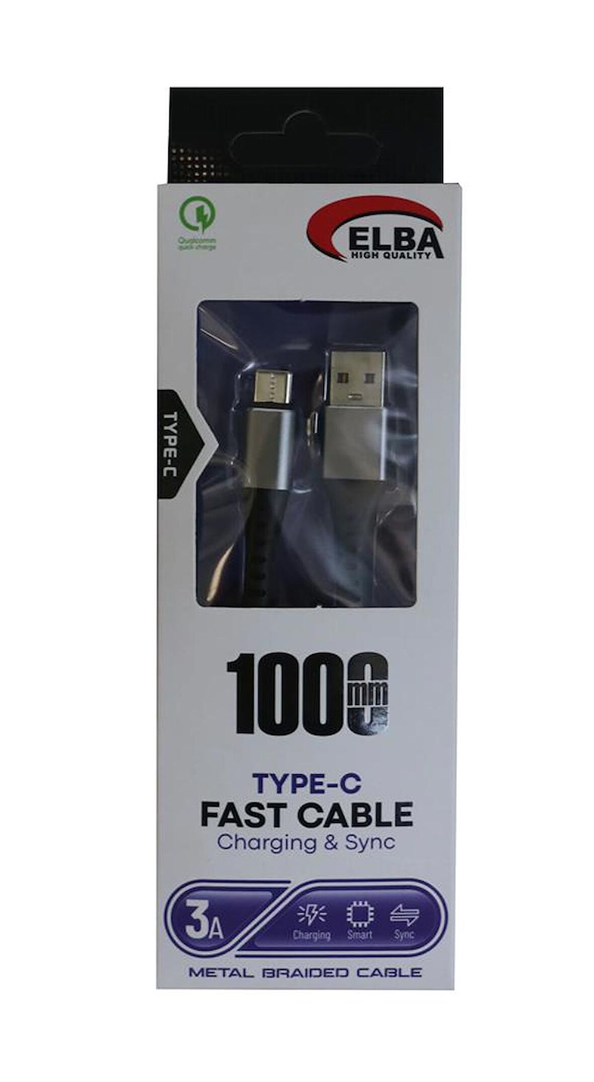 Elba Elb34-Typ Type-c 1mt 3A Hızlı Şarj Hasırlı Siyah Kablo